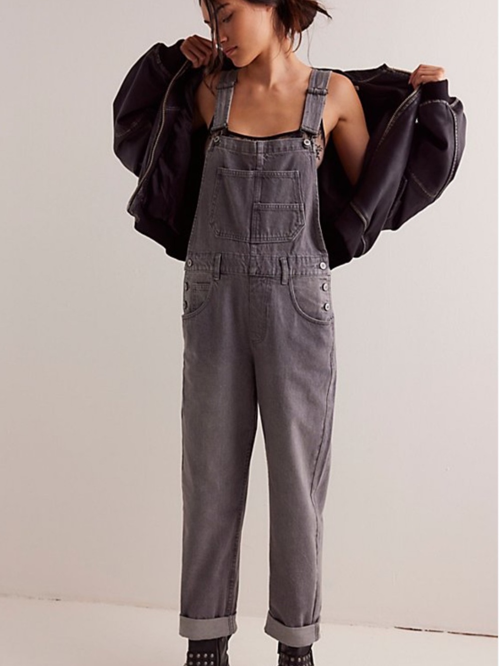 Free People We The Free Ziggy Denim Overalls in a faded grey/charcoal wash M